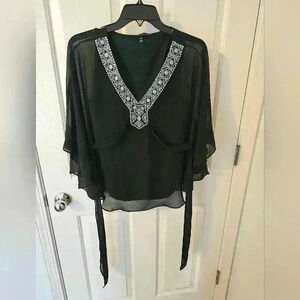 White House Black Market Embellished Trim Neck Kimono Blouse Size Petite XS